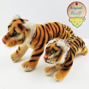 Steiff Bengal Tigers Pair Stuffed Animals VTG 50/60s 12" & 8.5" Prowling Leaping